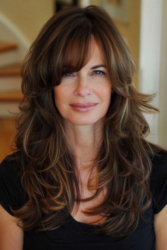 Brown Butterfly Cut with Curtain Fringe - butterfly cut hairstyle for women over 60