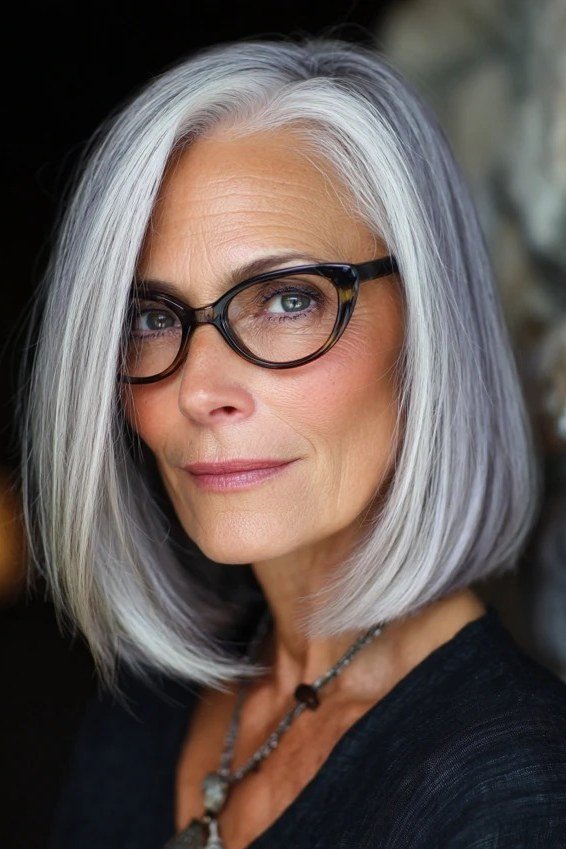 Silver Sleek Jaw-Length Lob - medium hairstyle for women over 60