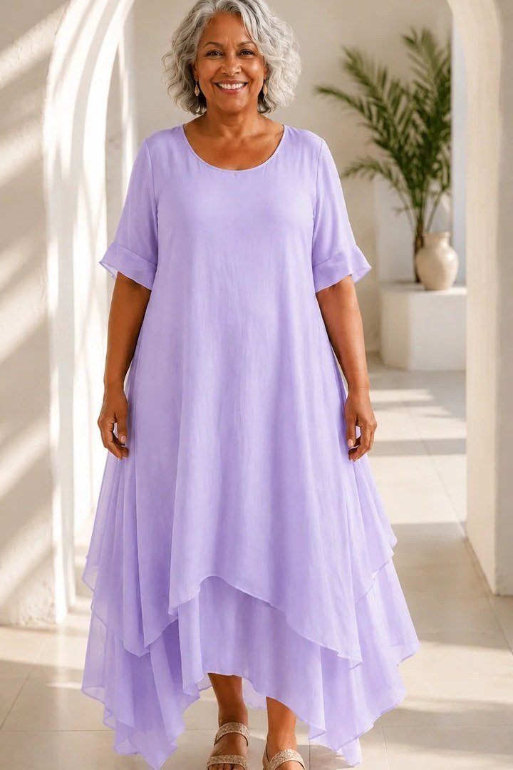 Breezy summer dress for women over 60: soft blue floral wrap midi