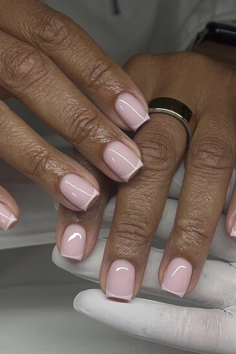 Sheer Pink Gloss on Deep Skin - short nail design for women over 60 that makes nails look longer