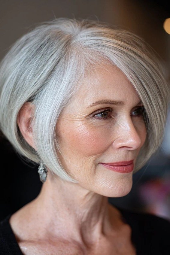 Silver angled low maintenance bob haircut for women over 60