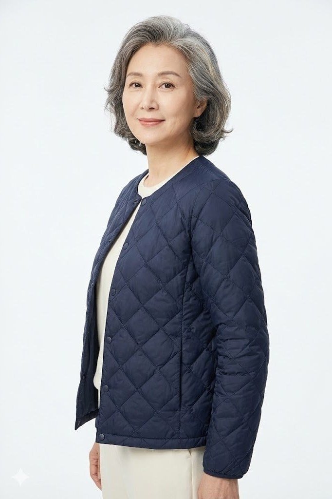 Navy diamond-quilt jacket outfit for women over 60