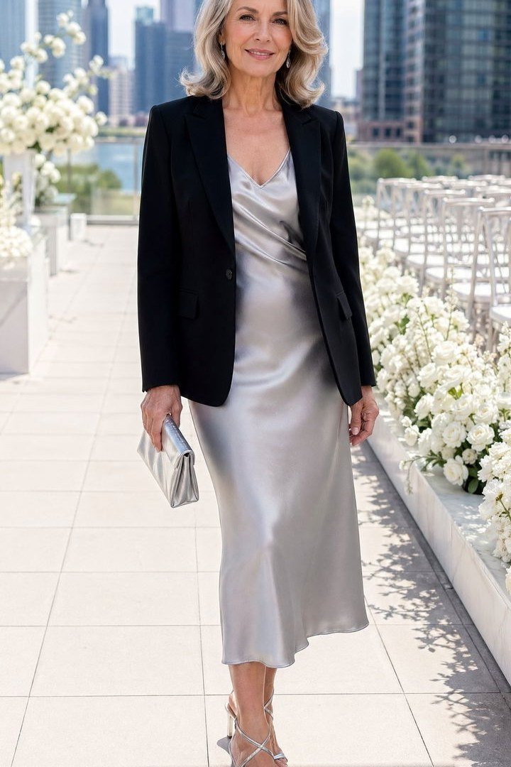 Silver satin slip dress with black blazer, nude heels, city wedding - wedding guest outfit for women over 50