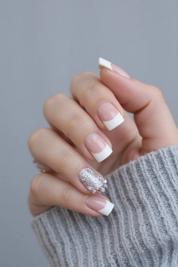White Glitter French Nails, fun winter nail idea for women over 60