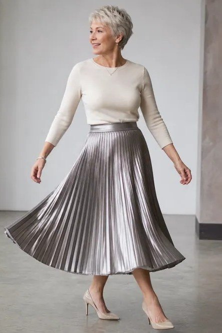 white knit top with silver pleated midi skirt, classy fall outfit for women over 50