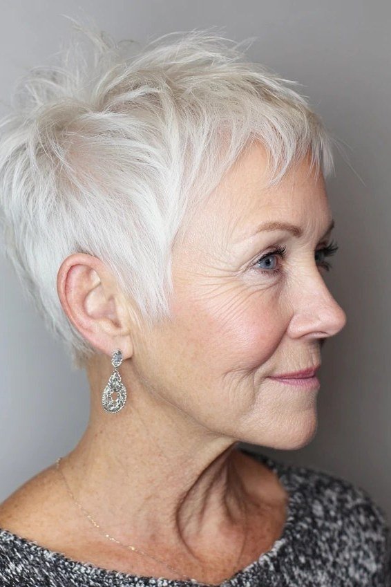 Silver textured micro pixie, side profile, chandelier earring, micro pixie cut for women over 60 going silver