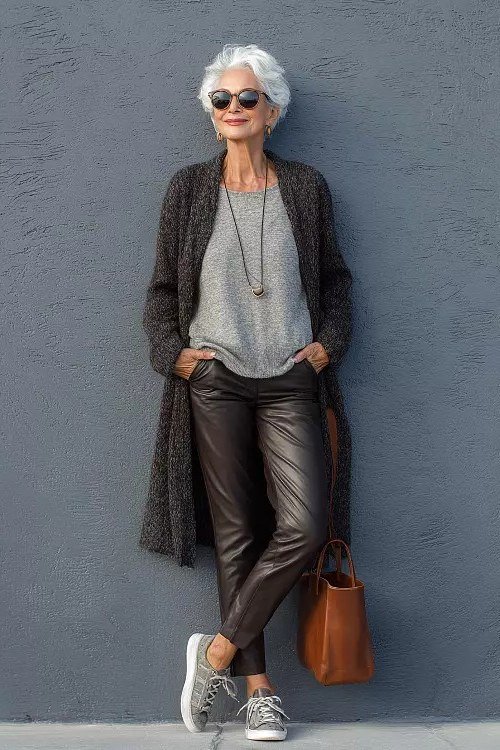 Long grey cardigan over light grey sweater with brown leather leggings and tan handbag, cozy sweater outfit idea for women over 70