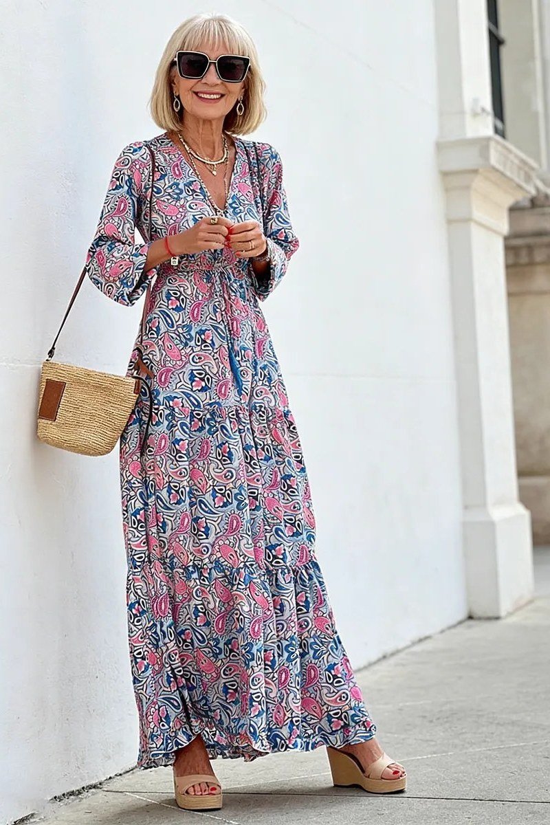 Pink Floral Tiered Maxi Dress summer outfit idea for women over 60