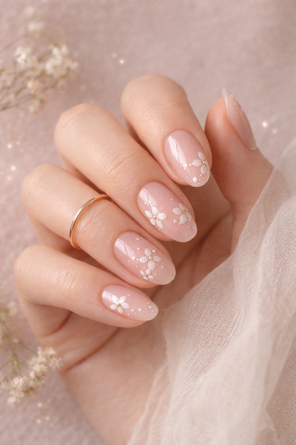Sheer pink nail art with tiny white flowers