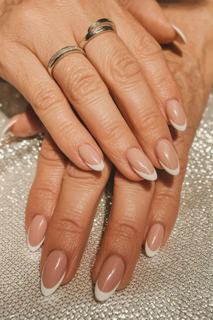 Classic French Tips with Gold Rings for women over 70