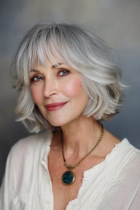 Silver shaggy layered bob with piecey bangs, front view, flattering haircut for women over 50