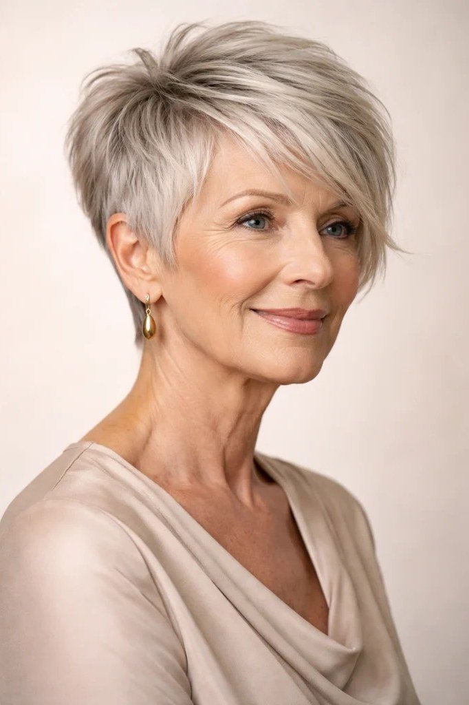 Silver pixie haircut with side-swept fringe for women over 60