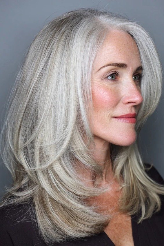 silver long straight hairstyle, side view, face-framing layers for women over 50