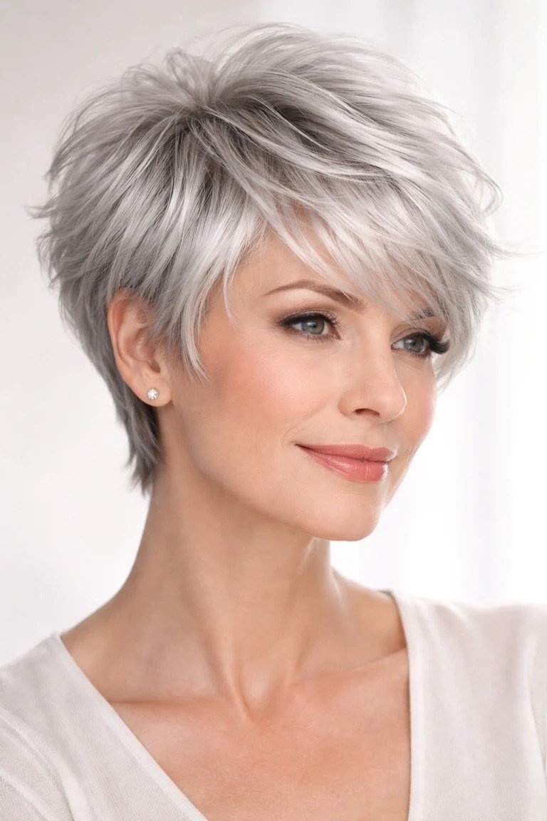 Silver textured pixie, piecey layers, side-swept fringe, three-quarter view for women over 60