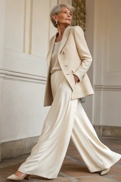 ivory blazer with ivory wide-leg trousers for women over 50