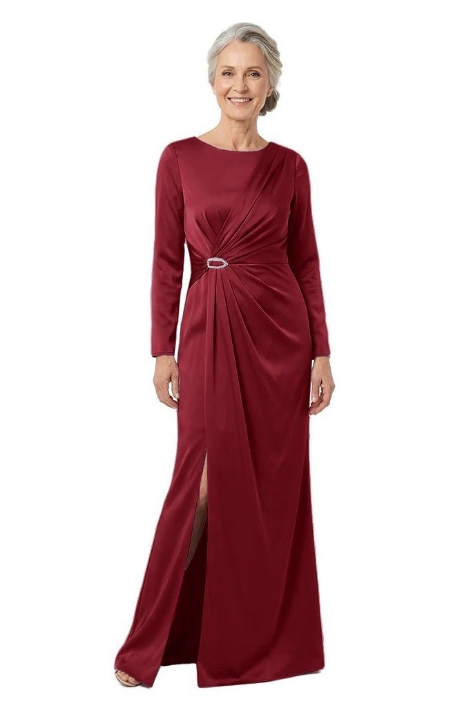 Long-sleeve wine-red gown with thigh slit for women over 50, fall date night outfit