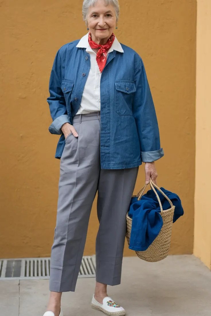 Casual fall outfit for women over 60: denim jacket over white top, grey cropped trousers, red scarf, blue handbag, white loafers, mustard wall