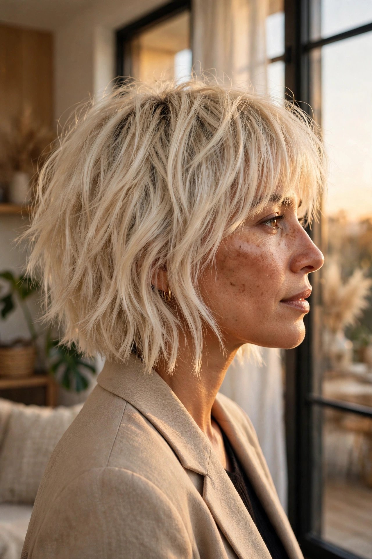 Platinum shaggy bob with wispy bangs for thin fine hair