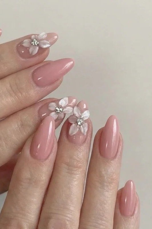 Pink Nails with Daisy Art for women over 60