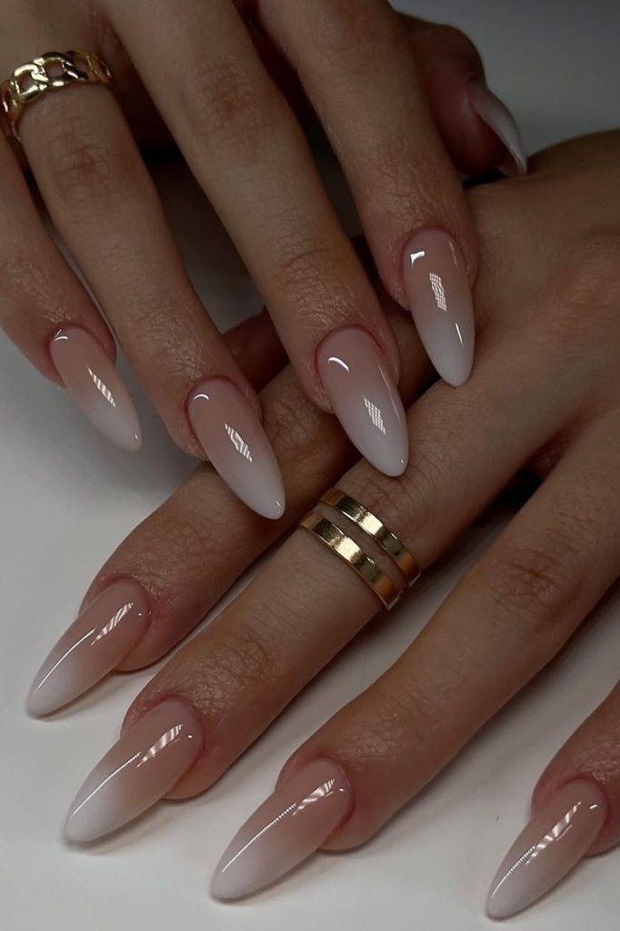 Milky white ombre long almond nails, fall nail design for older women