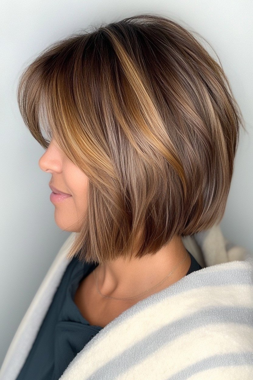 Brunette Bob with Blonde Highlights, chic bob haircut for women over 50
