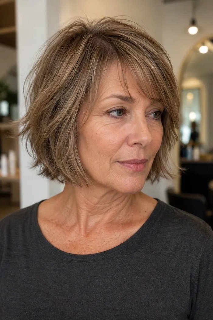 Choppy bob hairstyle for women over 60: light brown choppy bob with bangs salon