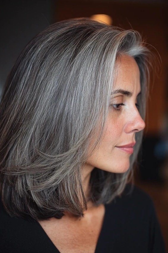Sleek straight silver lob with smooth polished ends for women over 40