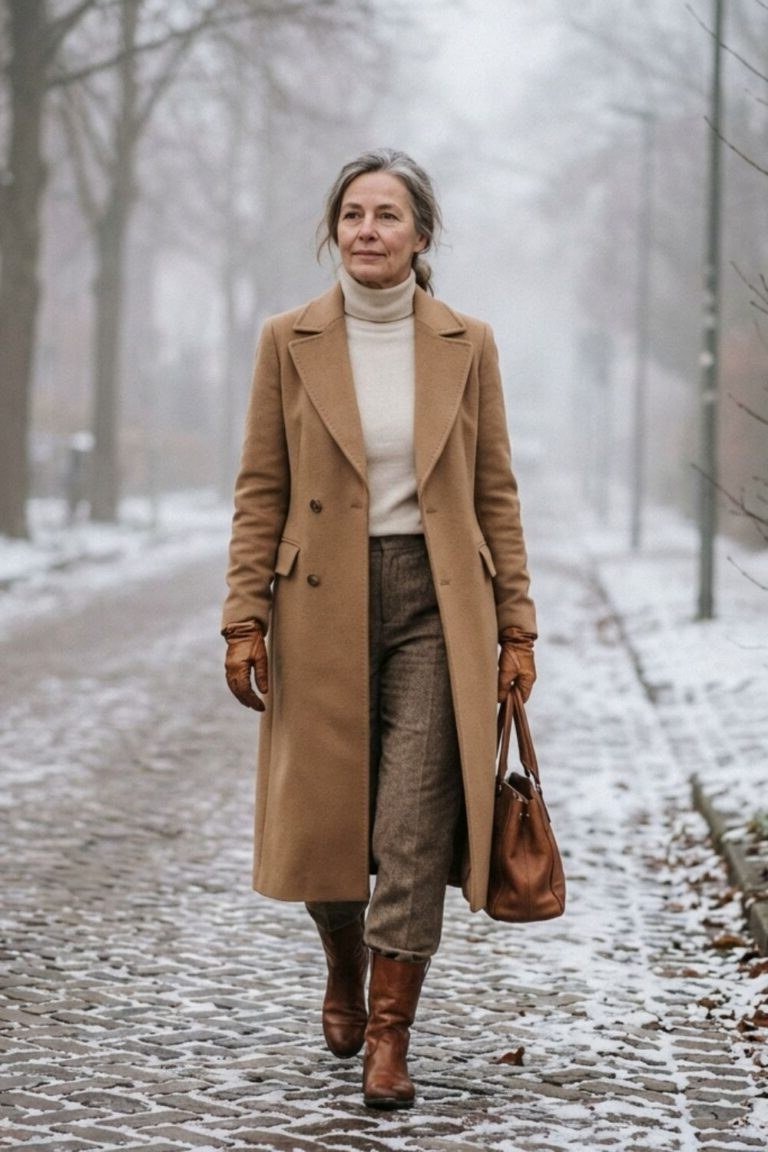 Stylish winter outfit for women over 60: camel wool coat over cream turtleneck on a snowy street