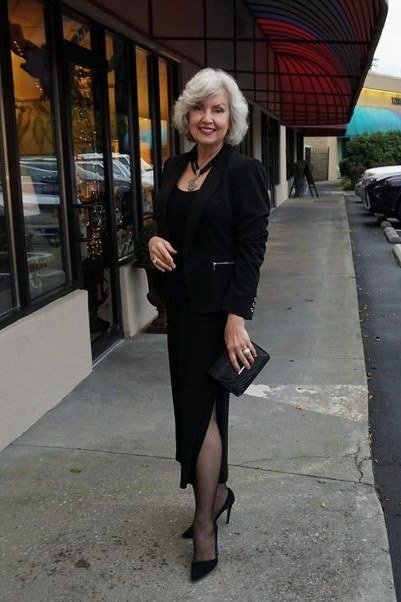 Black Blazer with Front-Slit Midi Skirt - evening outfit for women over 60