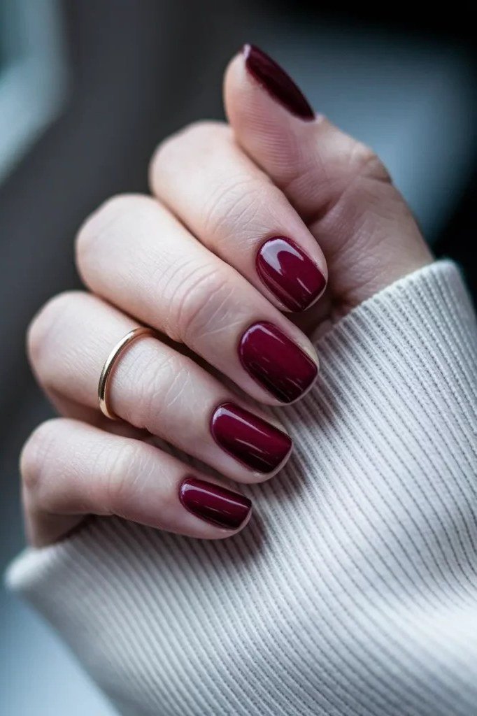 Deep Burgundy Short Almond Nails - short nail design for women over 40