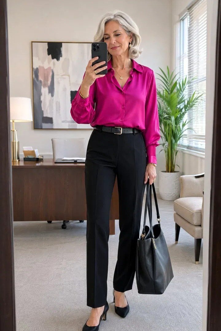 Woman over 50 in a fuchsia satin blouse and black pants taking an office mirror selfie