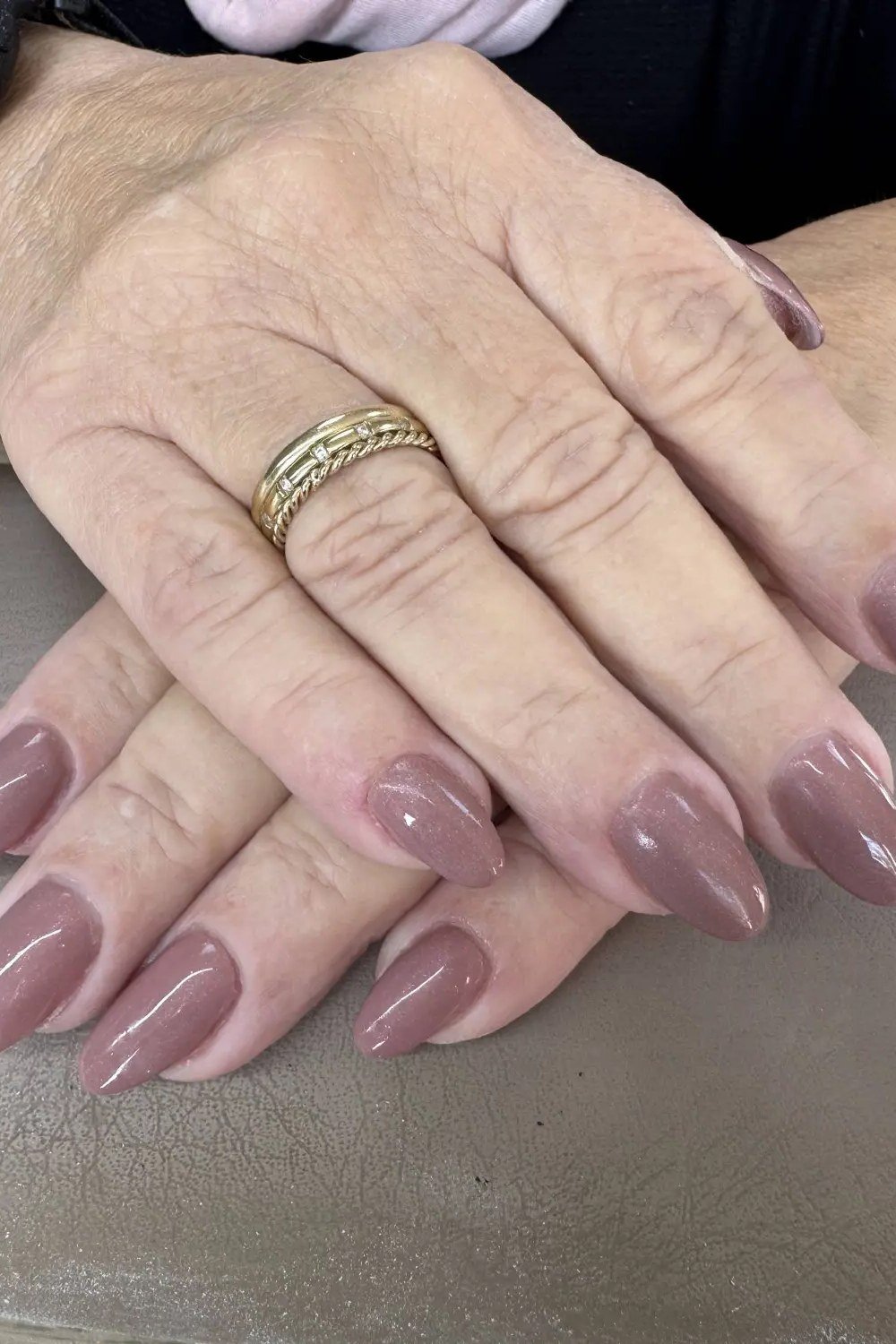 Mauve Coffin Nails on Mature Hands, elegant mauve nail idea for women over 60