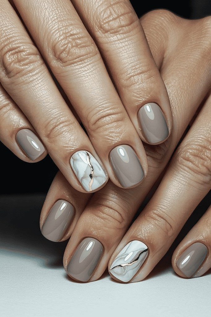 Best nails for women over 50: taupe with marble accent
