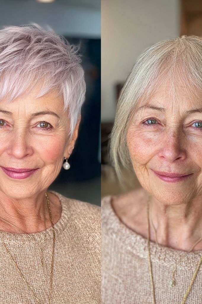 Grey and lilac pixie haircuts for women over 70, front view