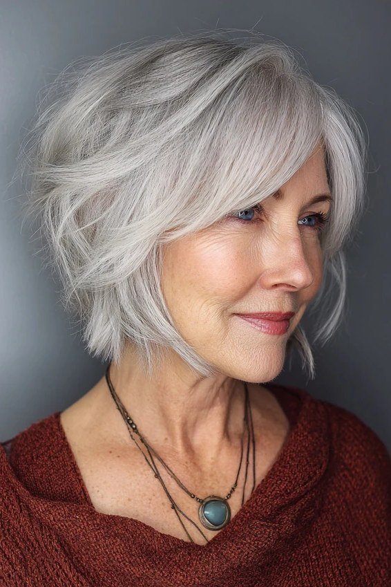 Tousled silver shag bob hairstyle for women over 60, side view