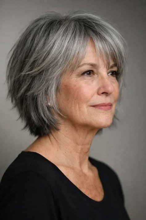 Silver Grey Bob with Wispy Bangs - shaggy bob haircut for women over 60