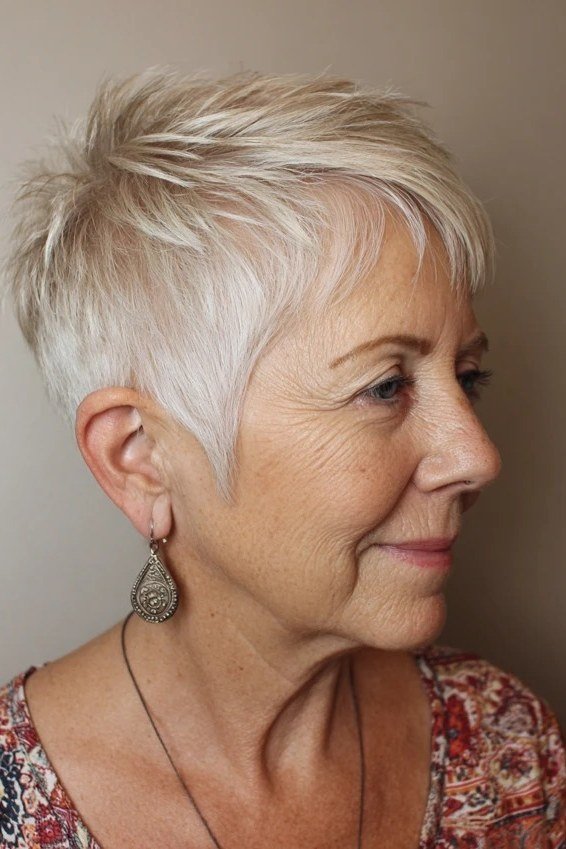 Short silver pixie with tapered sides - trendy short haircut for older women with fine hair