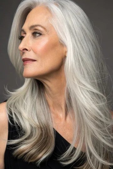 long silver wavy hair on mature woman, side view
