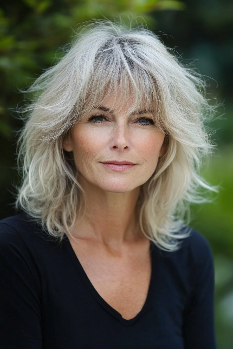 Silver shaggy layered shoulder hair, front view, woman in her 60s