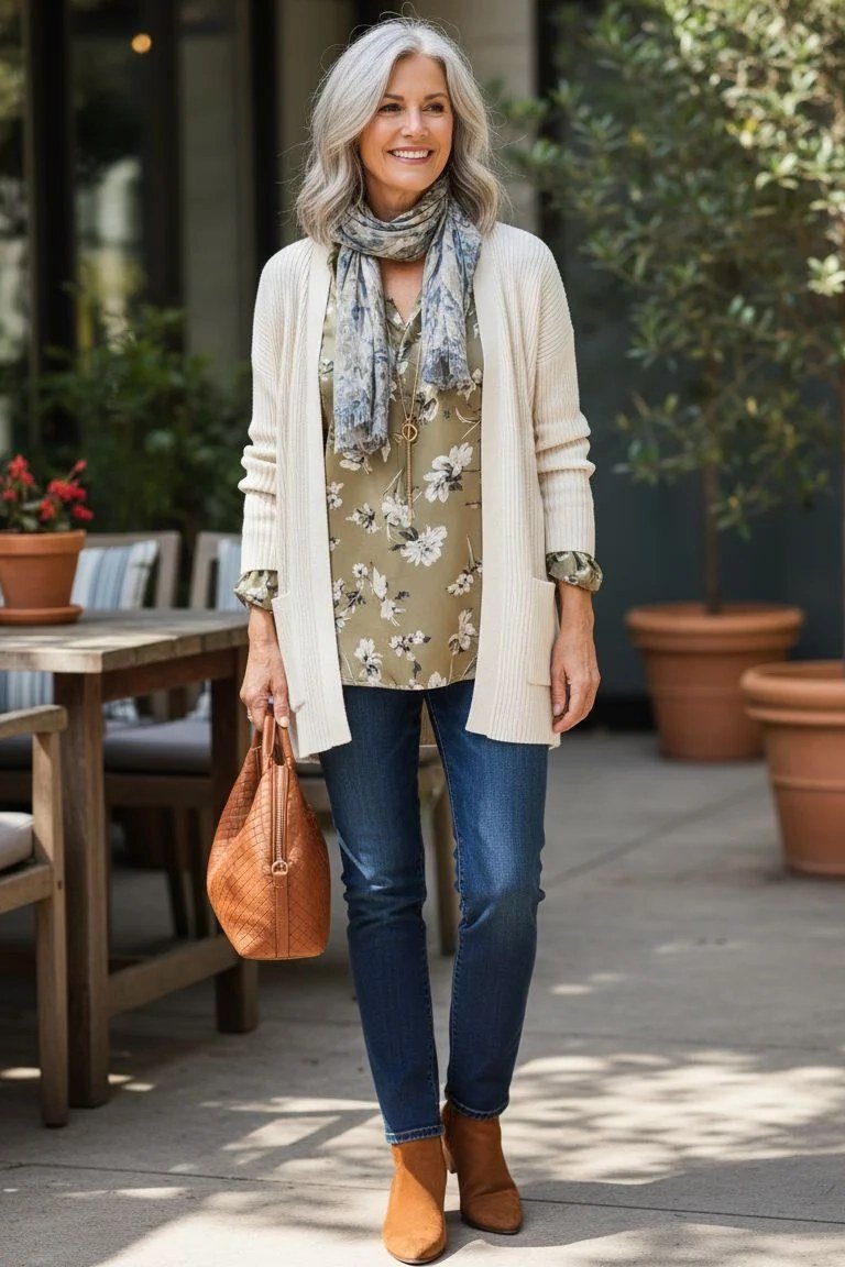 Beige long cardigan with floral blouse and ankle boots, fall outfit for women over 40