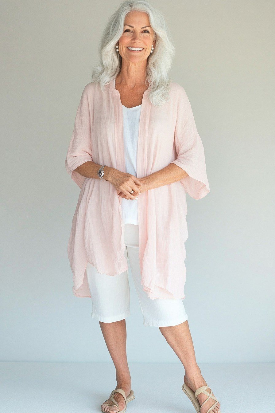 Blush Pink Cardigan With White Capris - flattering outfit idea for women over 50, how to dress better over 50