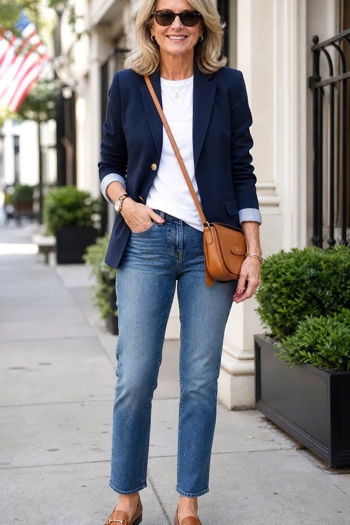 Navy blazer with white tee and straight jeans for women over 50