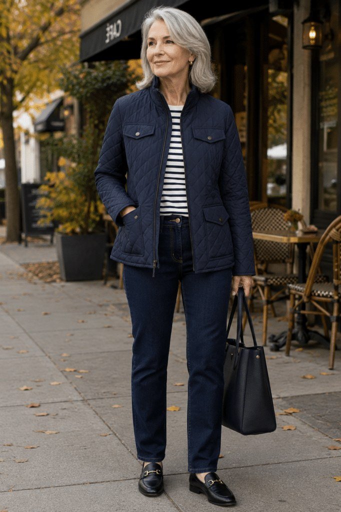 navy quilted jacket and striped top fall outfit for women over 60