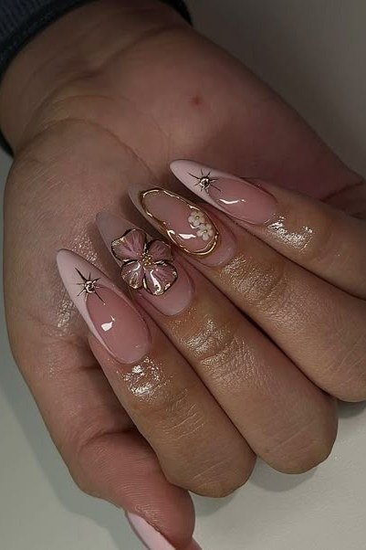 Nude Oval with Champagne Glitter and Florals - elegant nail art idea for mature hands, women over 50