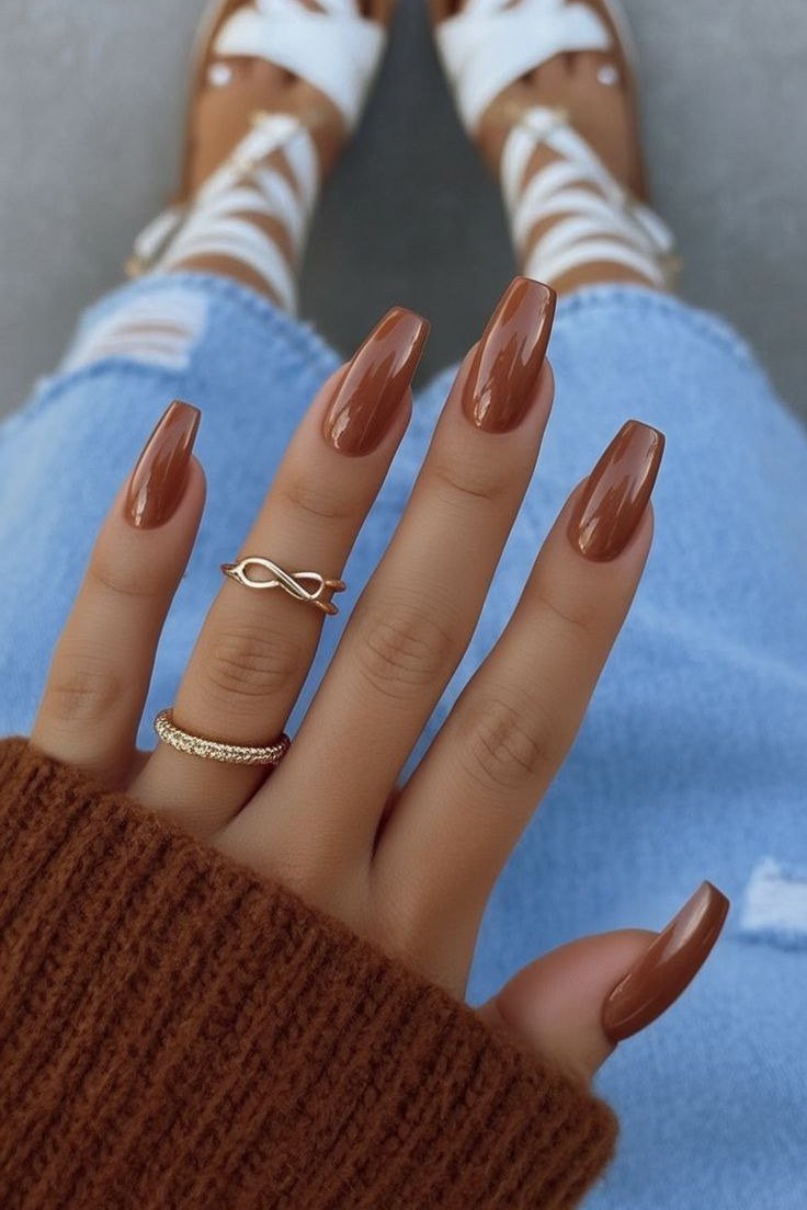 Warm Brown Almond Nails with Denim Style, chocolate brown fall nail design for women over 60