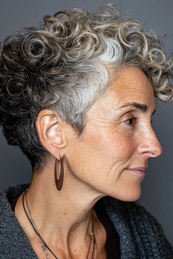 Silver tight curly bixie haircut side view for women over 60