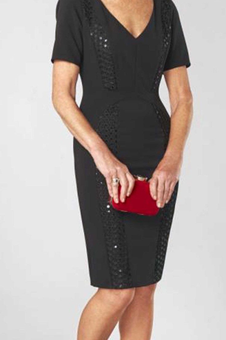 black sequin sheath dress, blonde model, elegant cocktail dress for women over 60