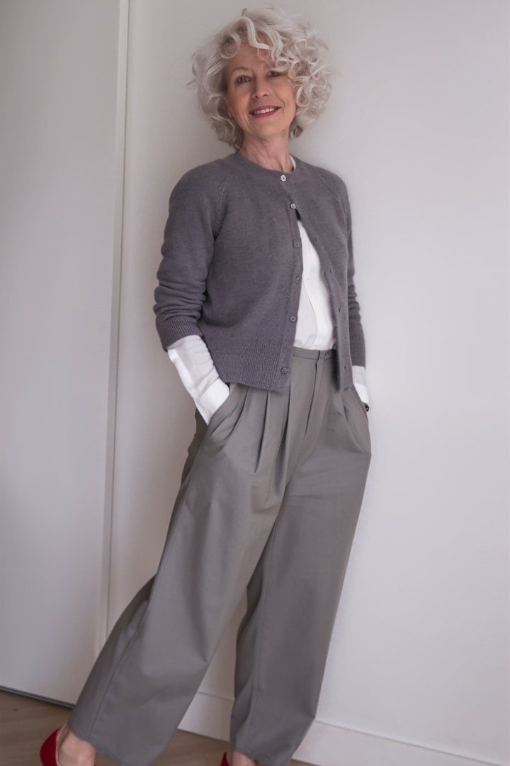 Gray Cardigan with Gray Wide Trousers, classic casual outfit for women over 70