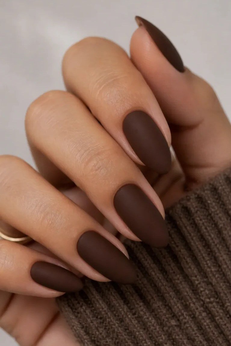 Matte Espresso Short Almond Nails - brown nail idea for women over 50