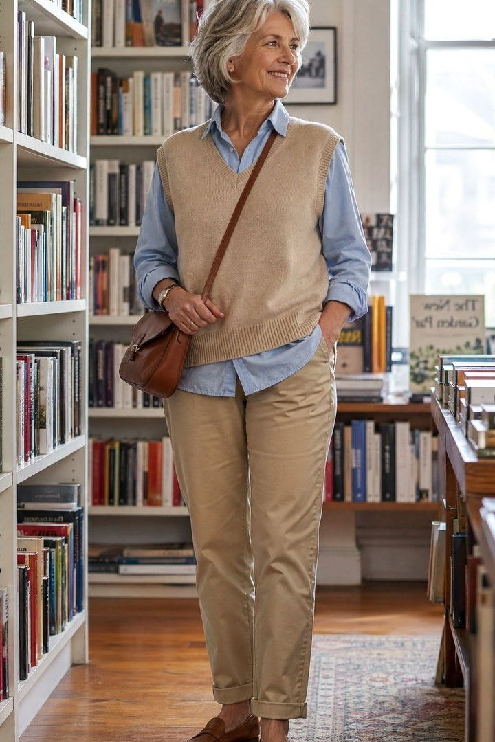 Tan Utility Vest with Blue Shirt and Chinos - chic casual outfit for women over 50